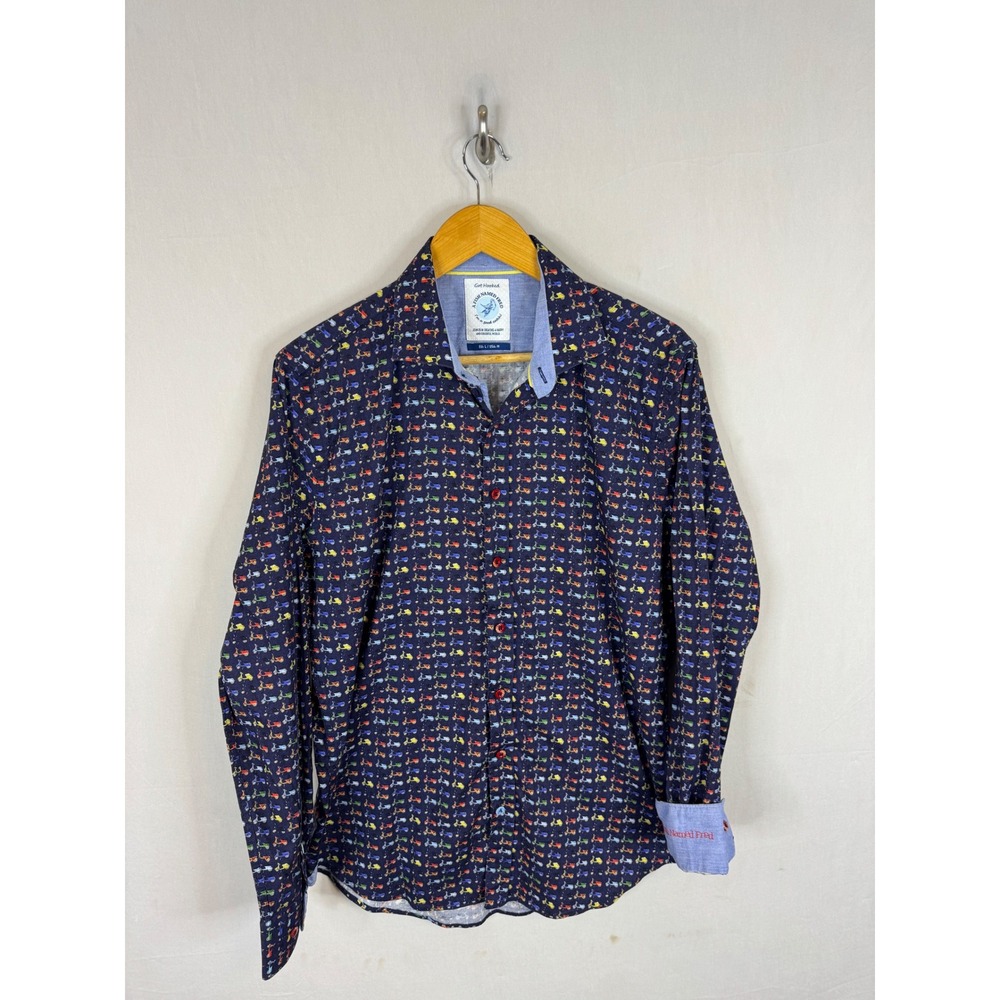 A Fish Named Fred Scooter Print Navy Button Down Shirt Mens Medium Slim Fit